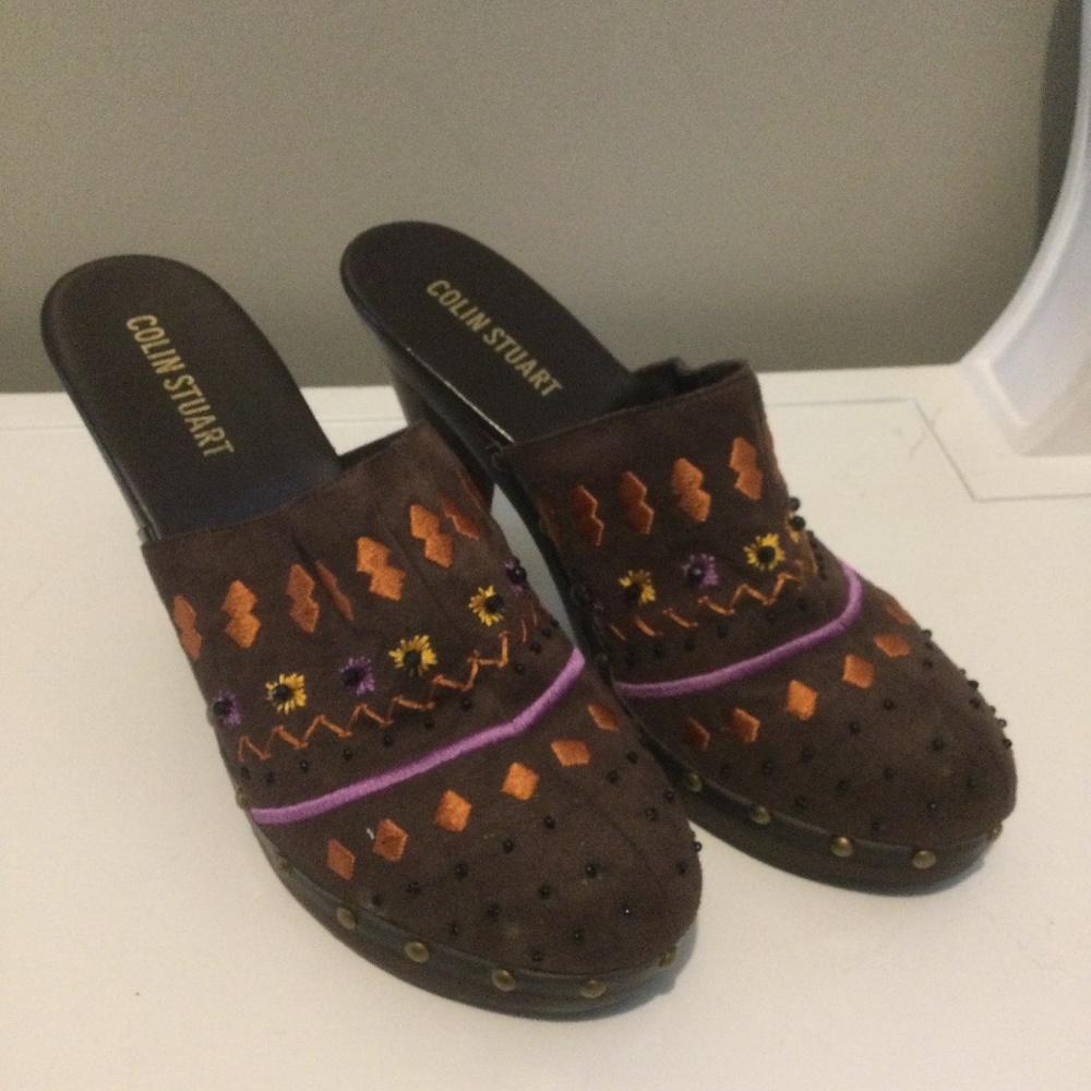 Colin Stuart Embellished brown suede clog mules slip on